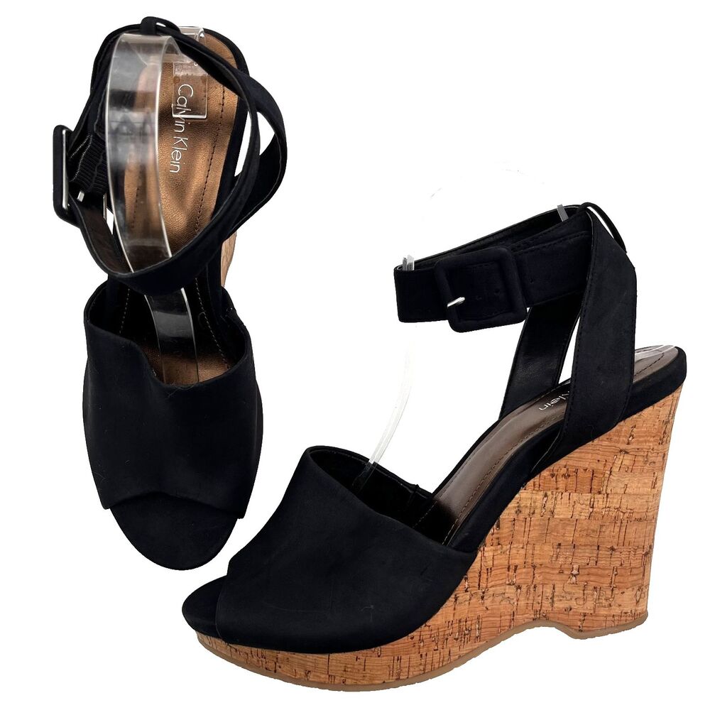 Calvin Klein Nadiya Cork Wedge Strapped Ankle Heels Black Women's Size‎ 11M